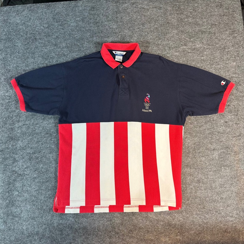 Vintage 90s Champion‎ Atlanta 1996 Olympics Mens Large Navy Red Polo Shirt